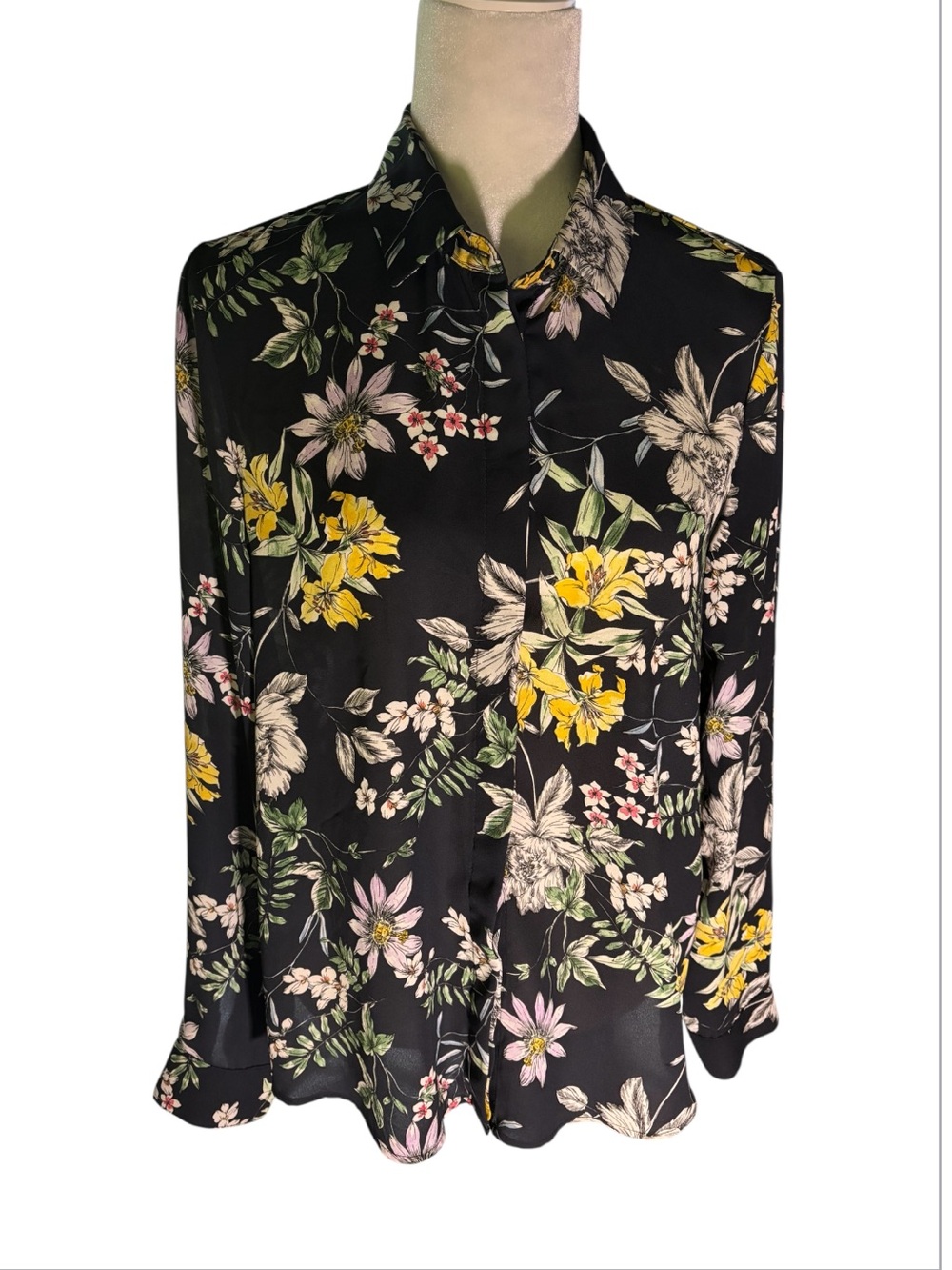 H&M Navy Blue Floral Button-Up Blouse | Flowy Long Sleeve Top | Workwear Top